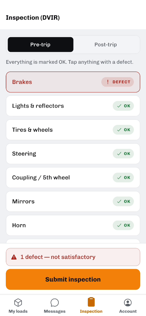 A pre-trip inspection in the KLF app with one defect flagged.