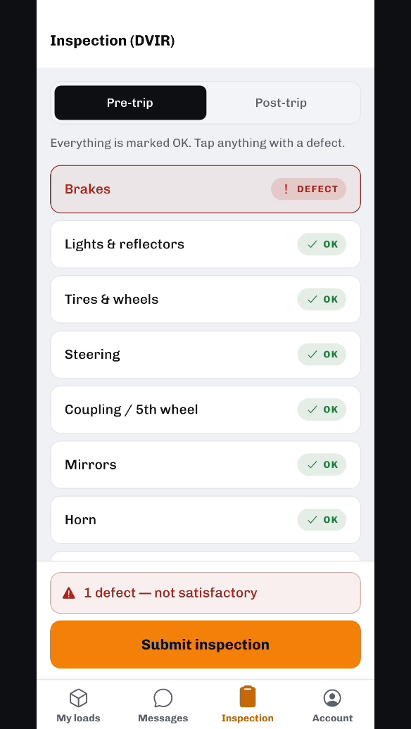 A pre-trip inspection in the KLF app with one defect flagged.