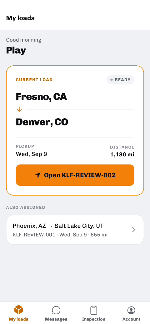 The KLF app showing a driver&rsquo;s current load with pickup date and distance.