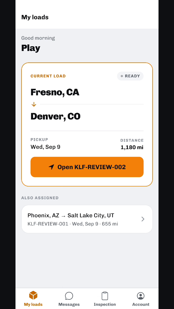 The KLF app showing a driver&rsquo;s current load with pickup date and distance.