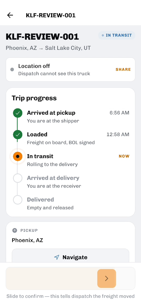 Trip progress in the KLF app, from arrived at pickup through to delivered.