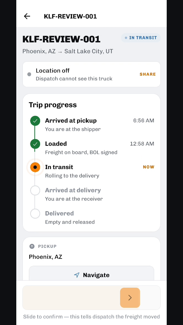 Trip progress in the KLF app, from arrived at pickup through to delivered.